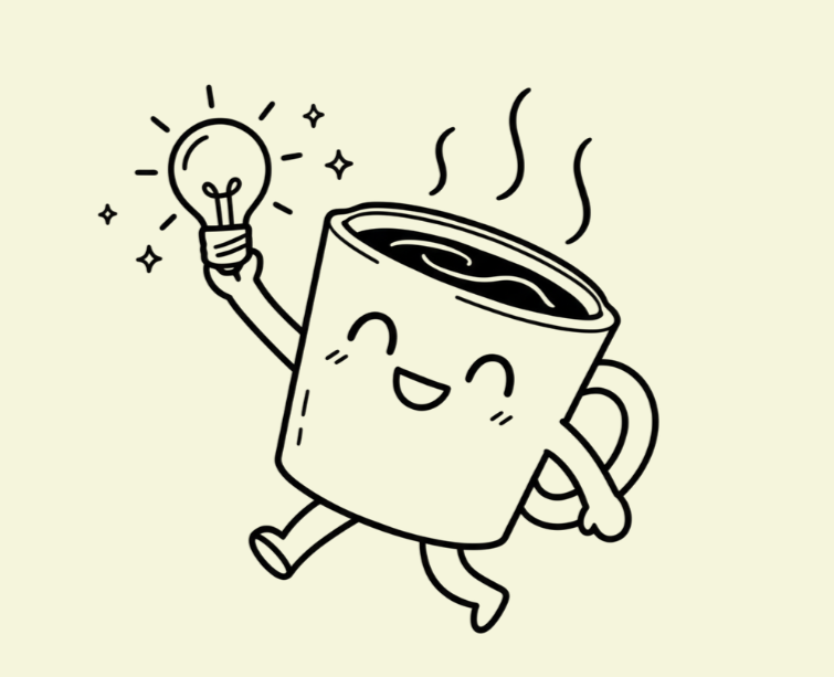 Macchi, la mascota de Break café, sujetando una bombilla, simboliza que tiene una idea.