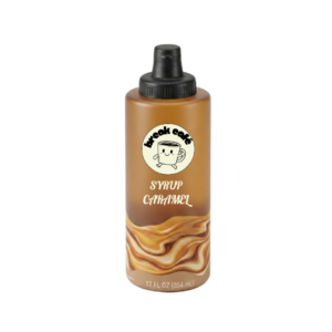 Botella de sirope de caramelo Break café de 354ml con ilustración de Macchi sobre fondo blanco