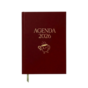 Agenda anual 2026 de Break café en color burdeos con grabados dorados de Macchi sobre fondo blanco.